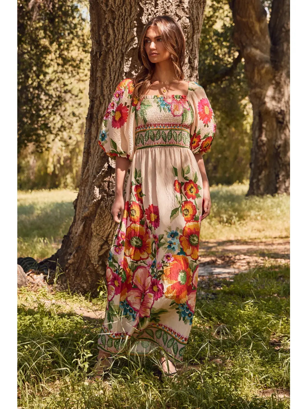 Romantic Floral Border Maxi Dress with Smocked Top