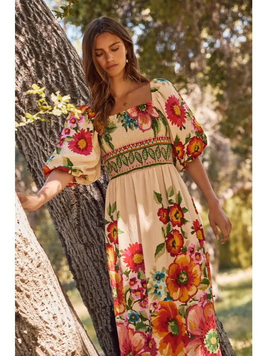 Romantic Floral Border Maxi Dress with Smocked Top