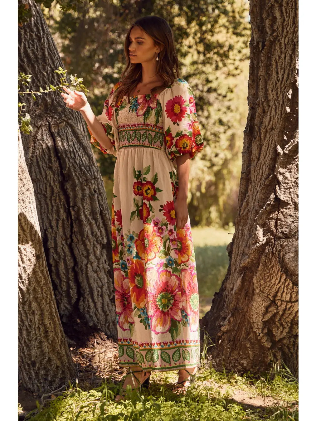 Romantic Floral Border Maxi Dress with Smocked Top