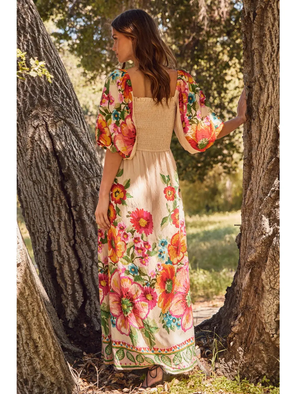 Romantic Floral Border Maxi Dress with Smocked Top