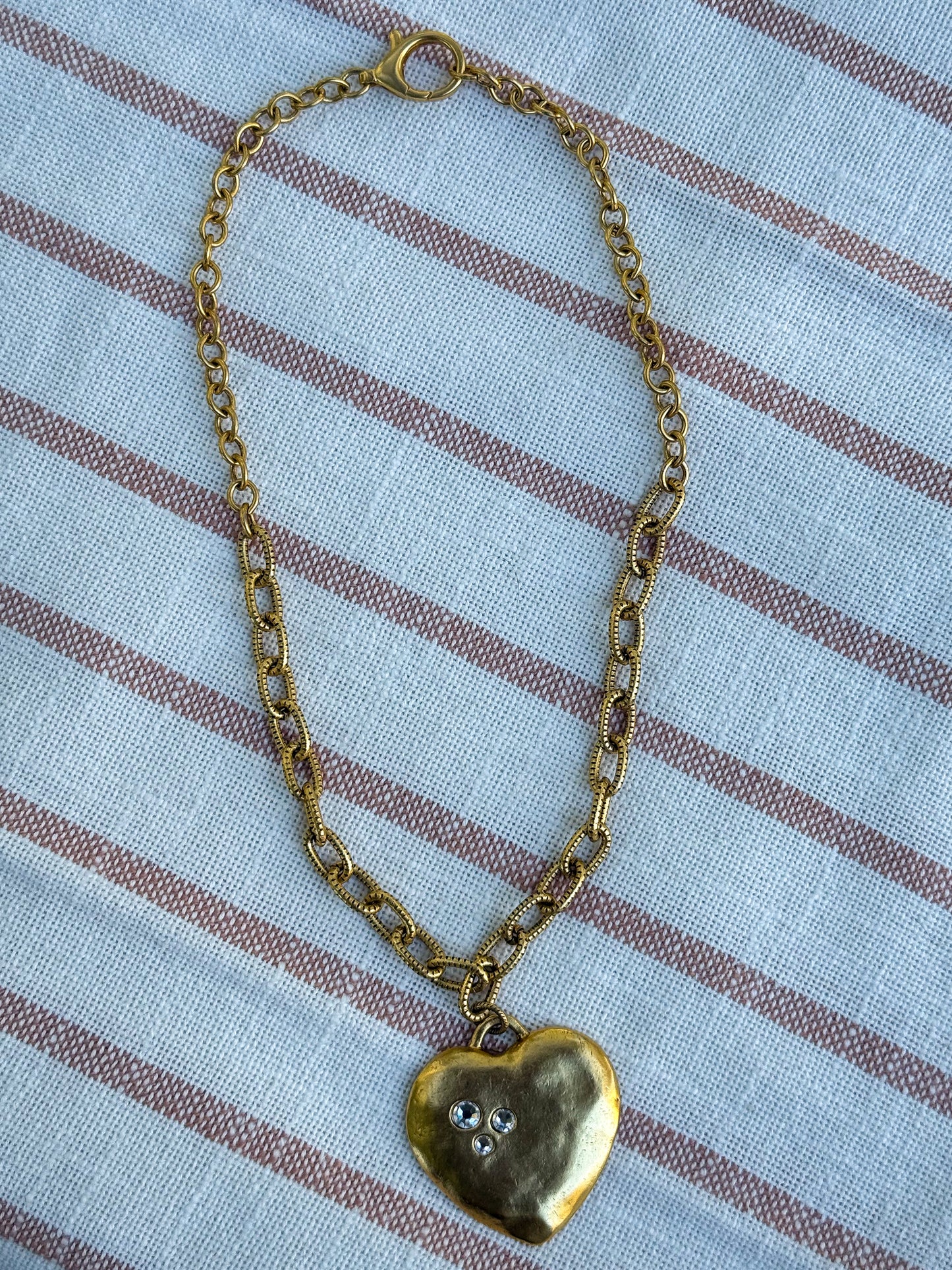 Antiqued Gold Puffy Heart Mixed Chain Necklace