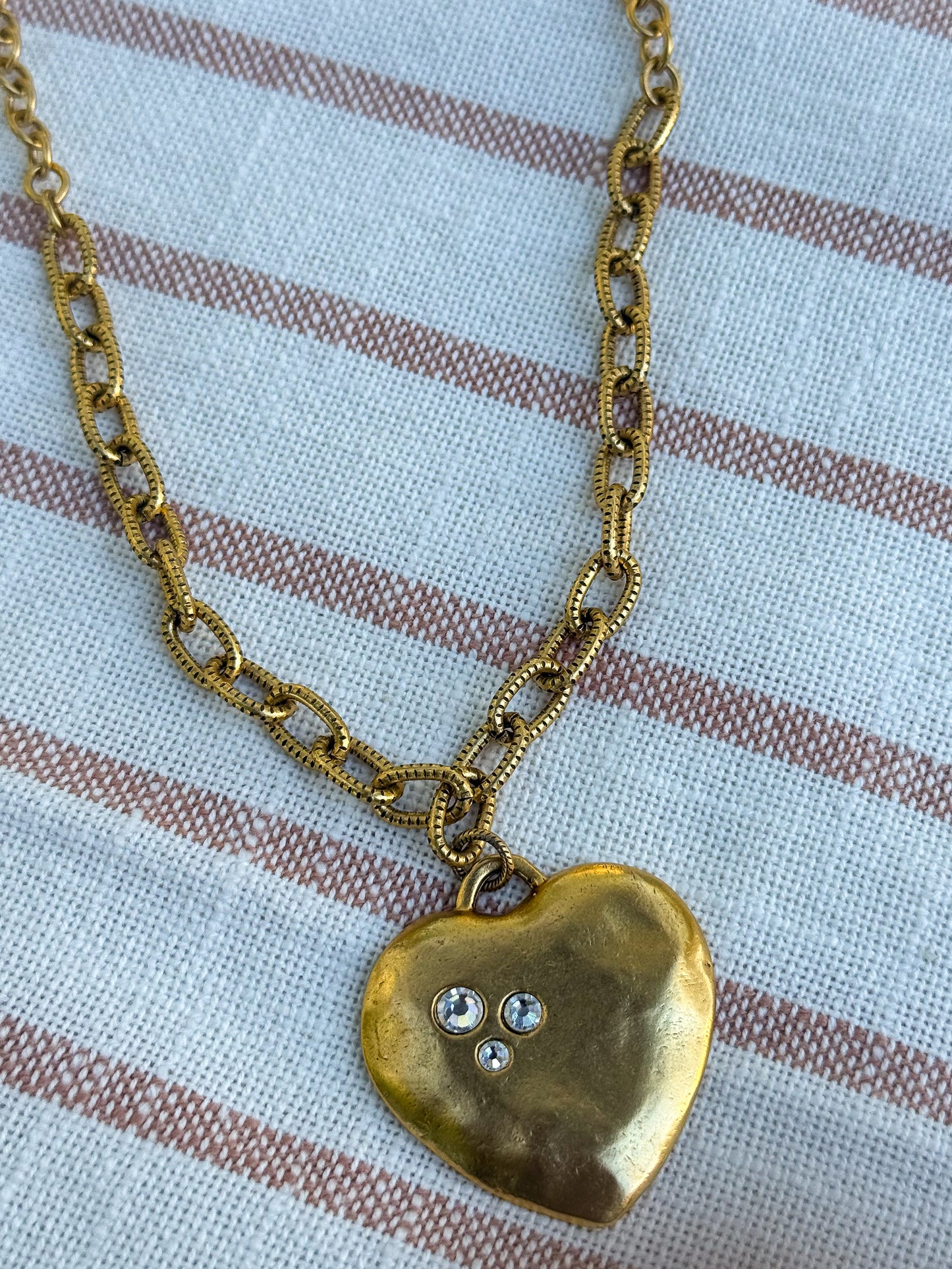 Antiqued Gold Puffy Heart Mixed Chain Necklace