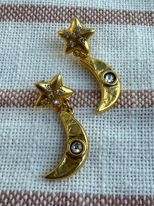 Antiqued Gold Star & Moon CZ Earrings