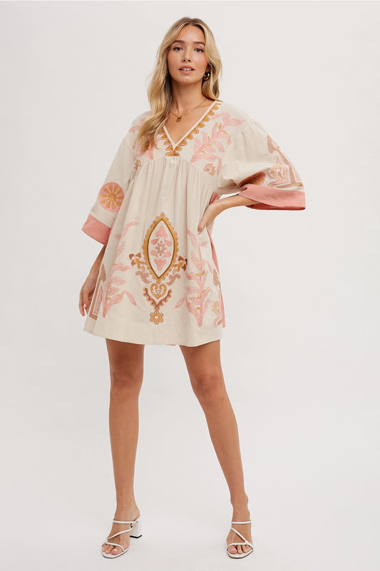 Boho Embroidered Dress in Cream/Pink