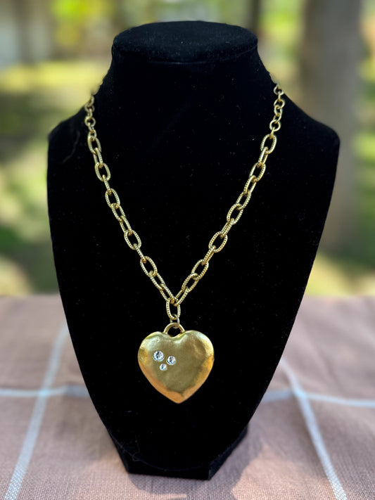 Antiqued Gold Puffy Heart Necklace