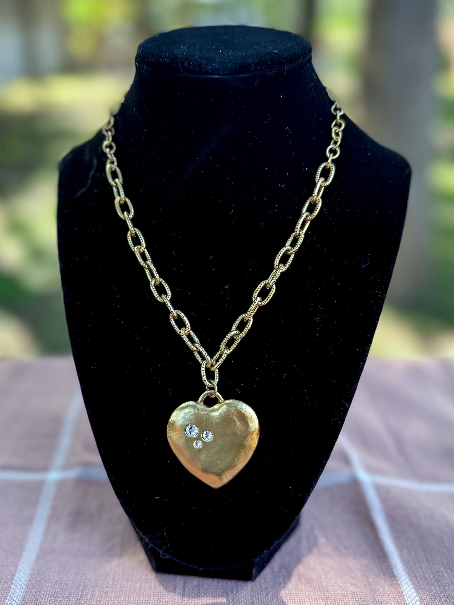 Antiqued Gold Puffy Heart Mixed Chain Necklace