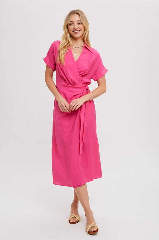 Pink Front Tie Short Sleeve Wrap Midi Dress