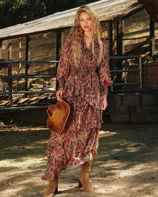 Rose Lurex Cinched Waist Ruffled Dress