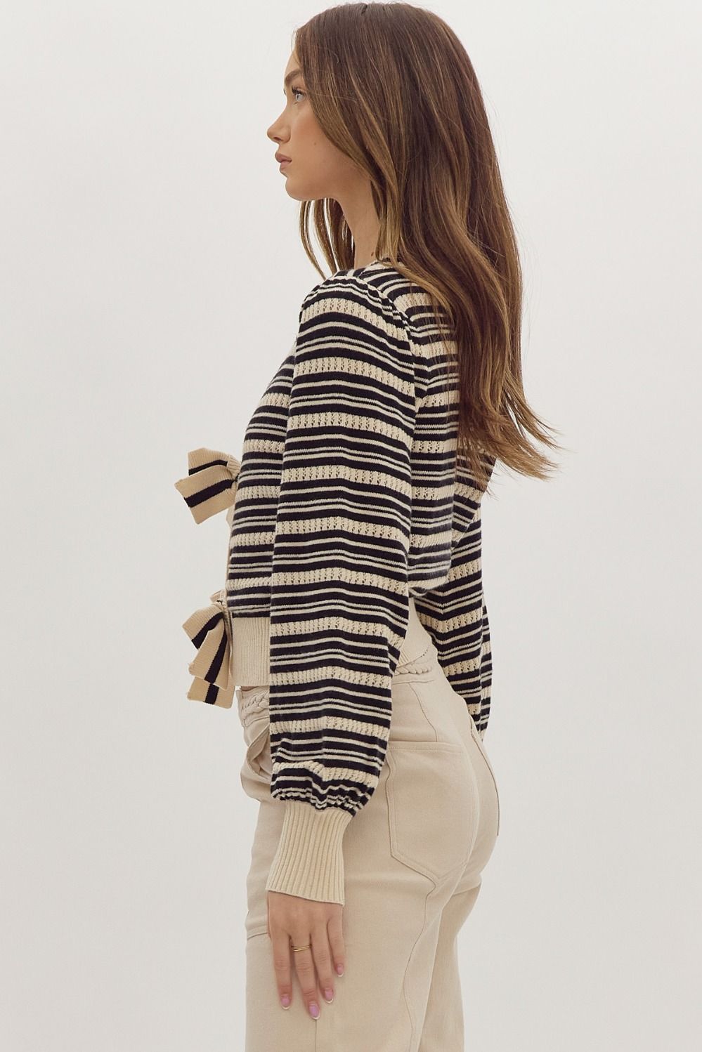 Black Stripe Knitted Long Sleeve Bow Cardigan