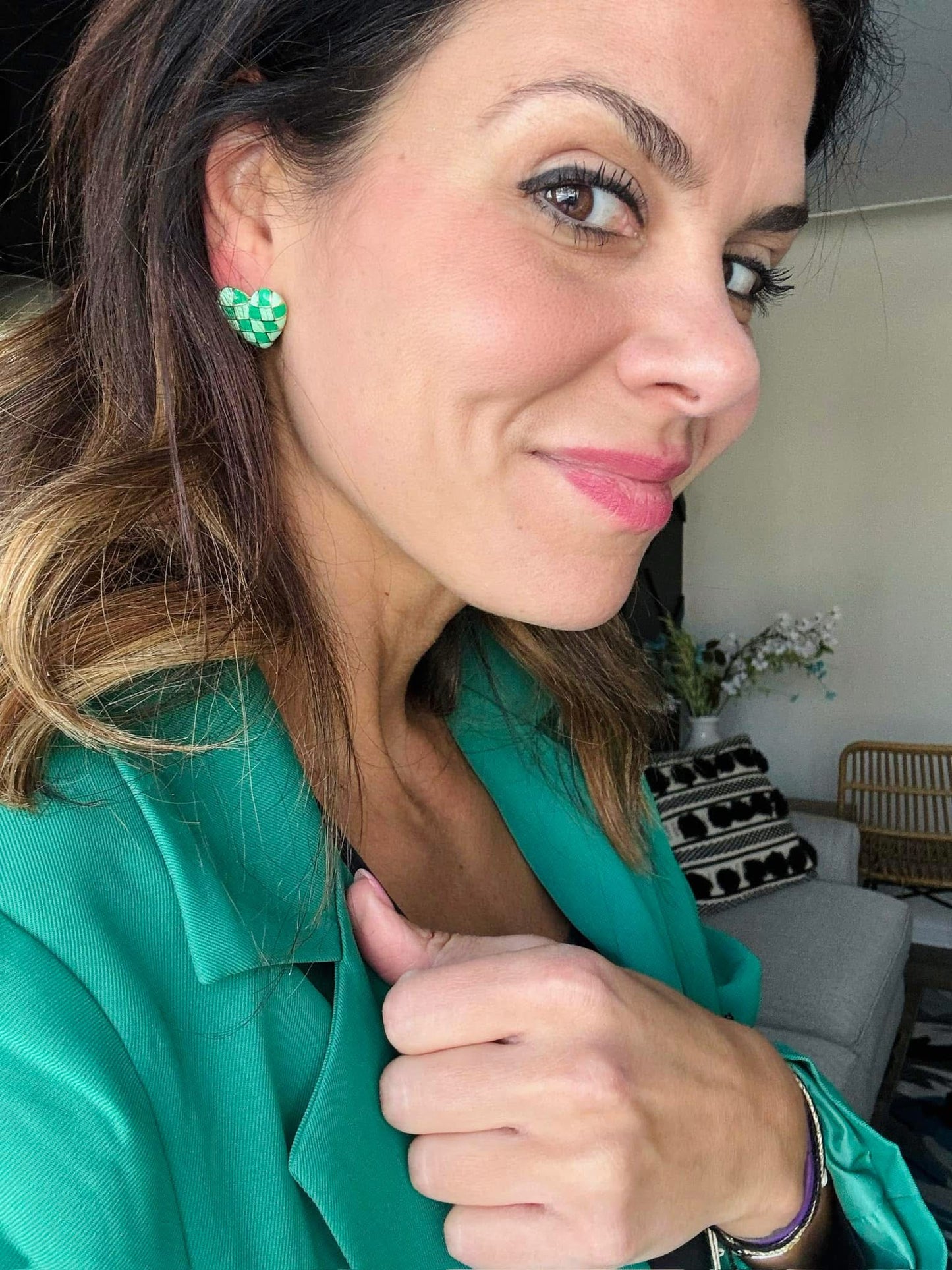 Green Plaid Checkered Heart Earrings