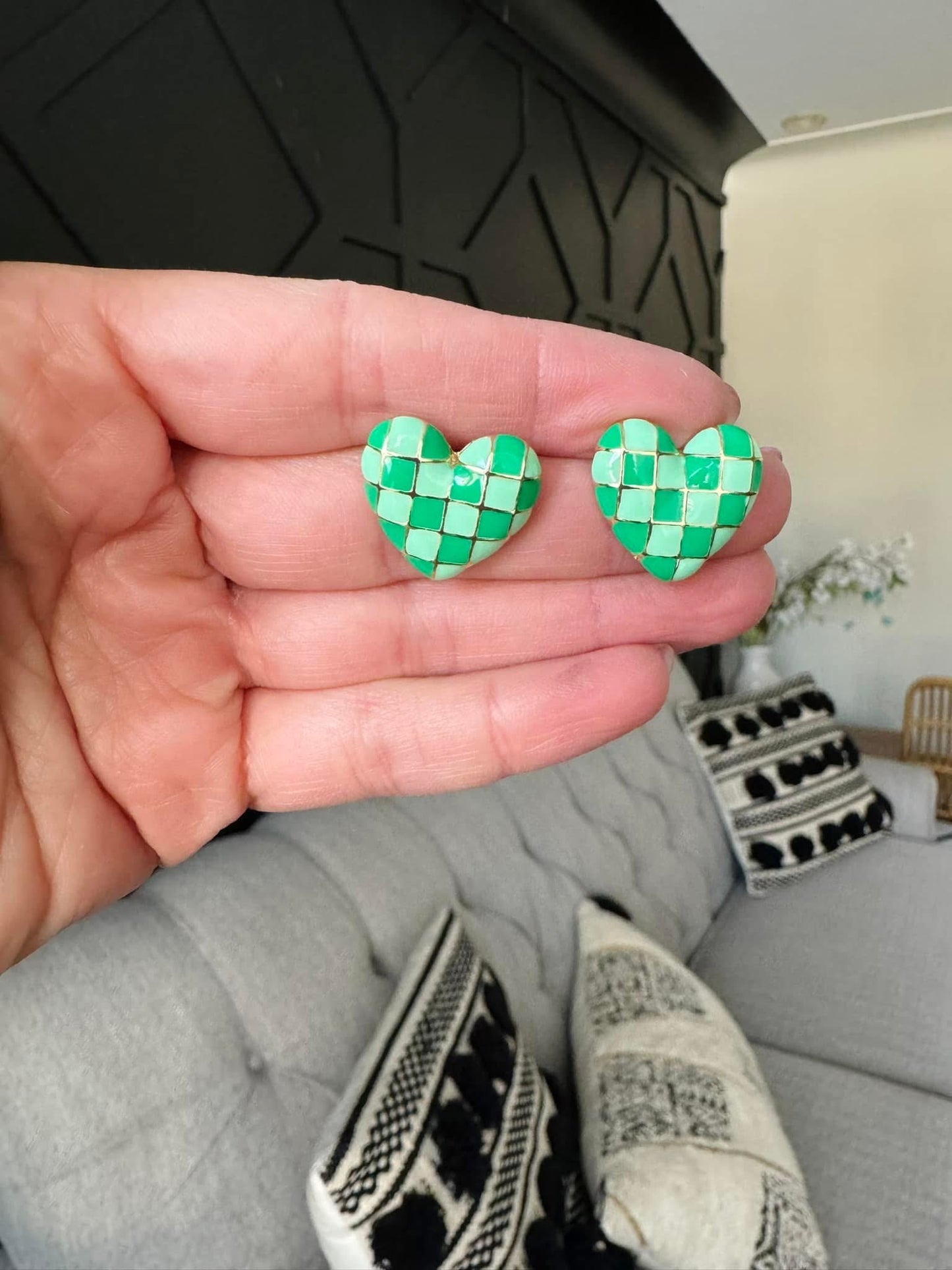 Green Plaid Checkered Heart Earrings