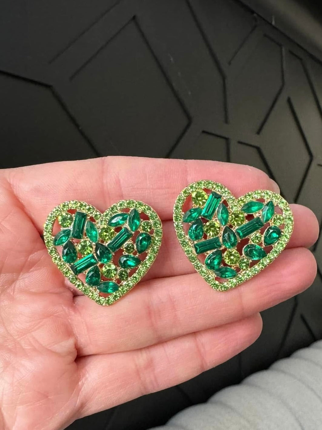 Green Bling Heart Earrings