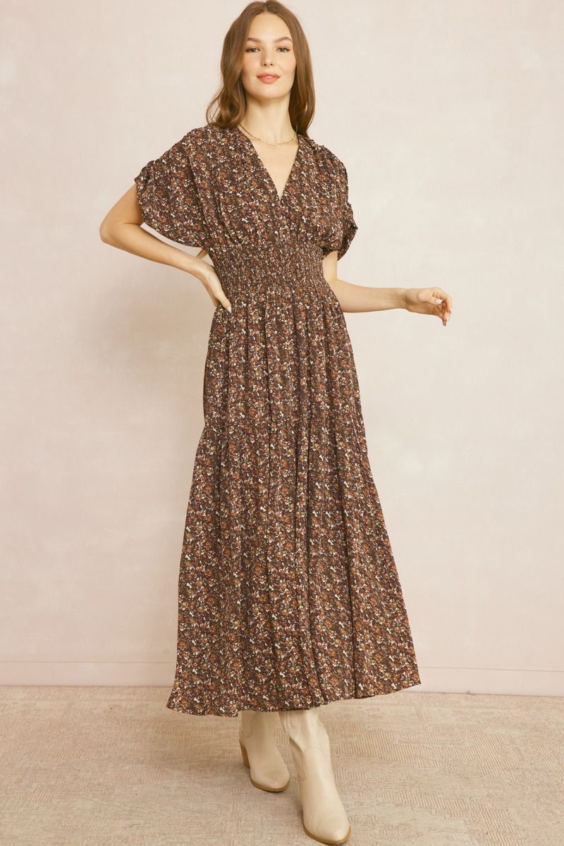 Brown Fall V-neck Short Sleeve Floral Dress