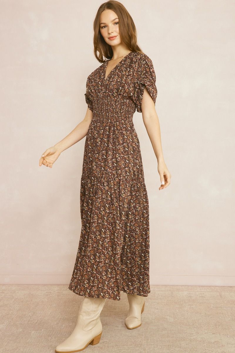 Brown Fall V-neck Short Sleeve Floral Dress