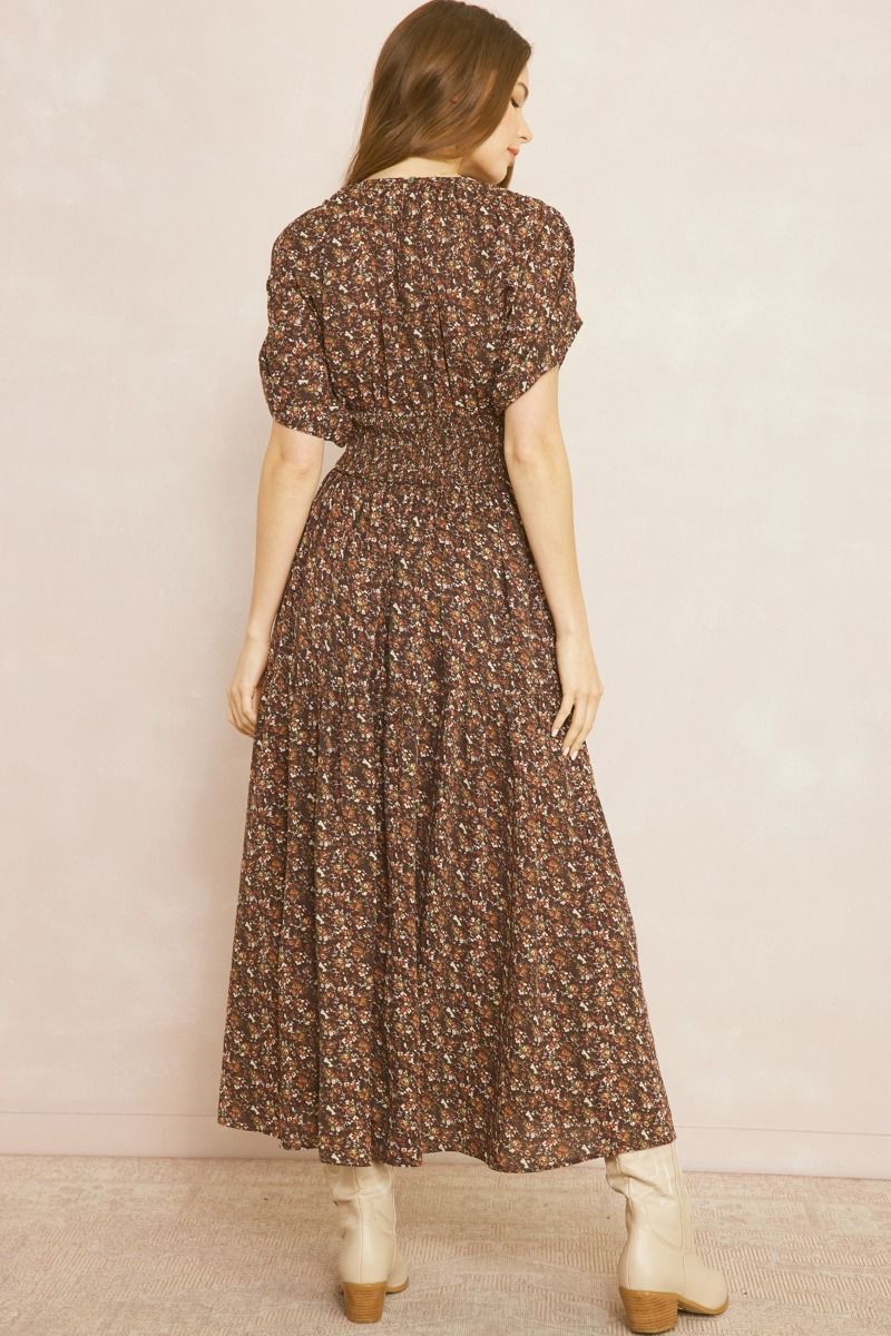 Brown Fall V-neck Short Sleeve Floral Dress