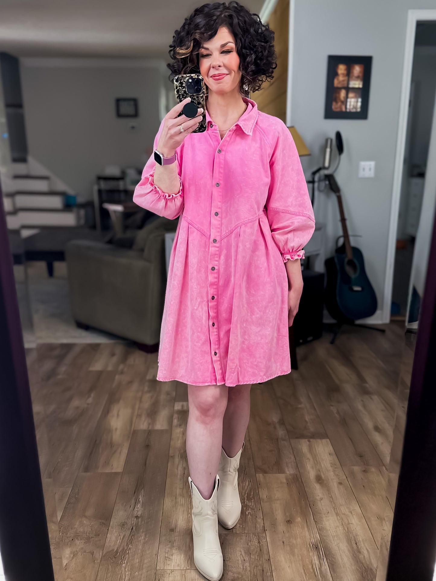 Pink Collared Button Down Ruffle Sleeve Denim Dress