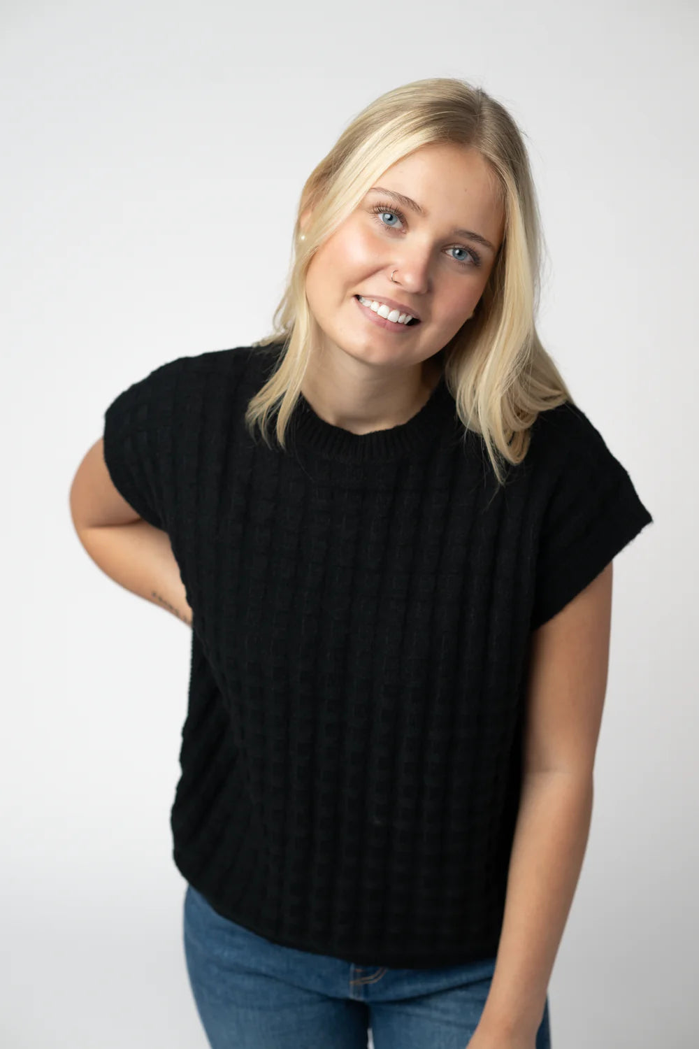 Black Knit Short Sleeve Top