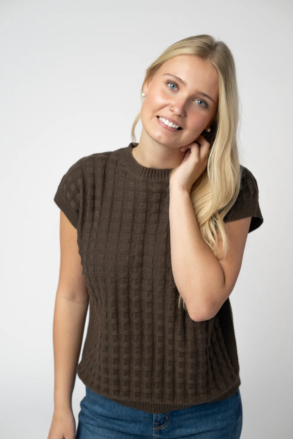 Brown Knit Short Sleeve Top