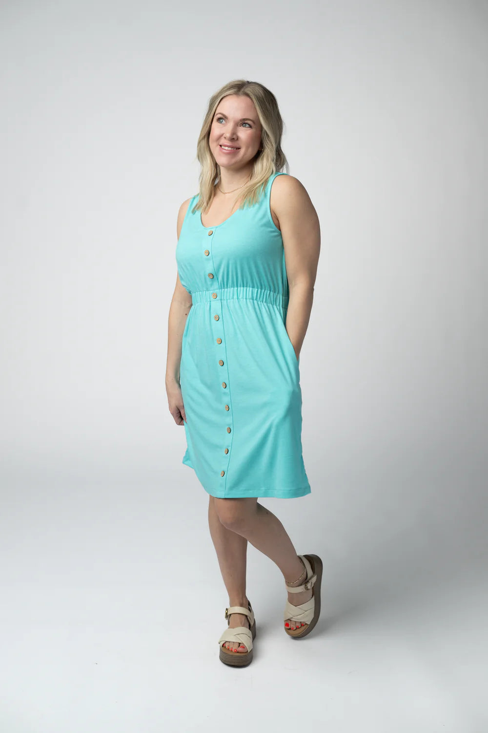 Aqua Button Down Sleeveless Dress