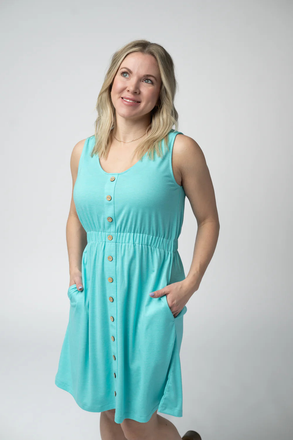 Aqua Button Down Sleeveless Dress