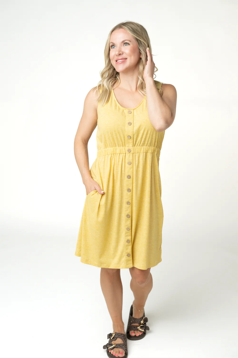 Summer Yellow Button Down Sleeveless Dress