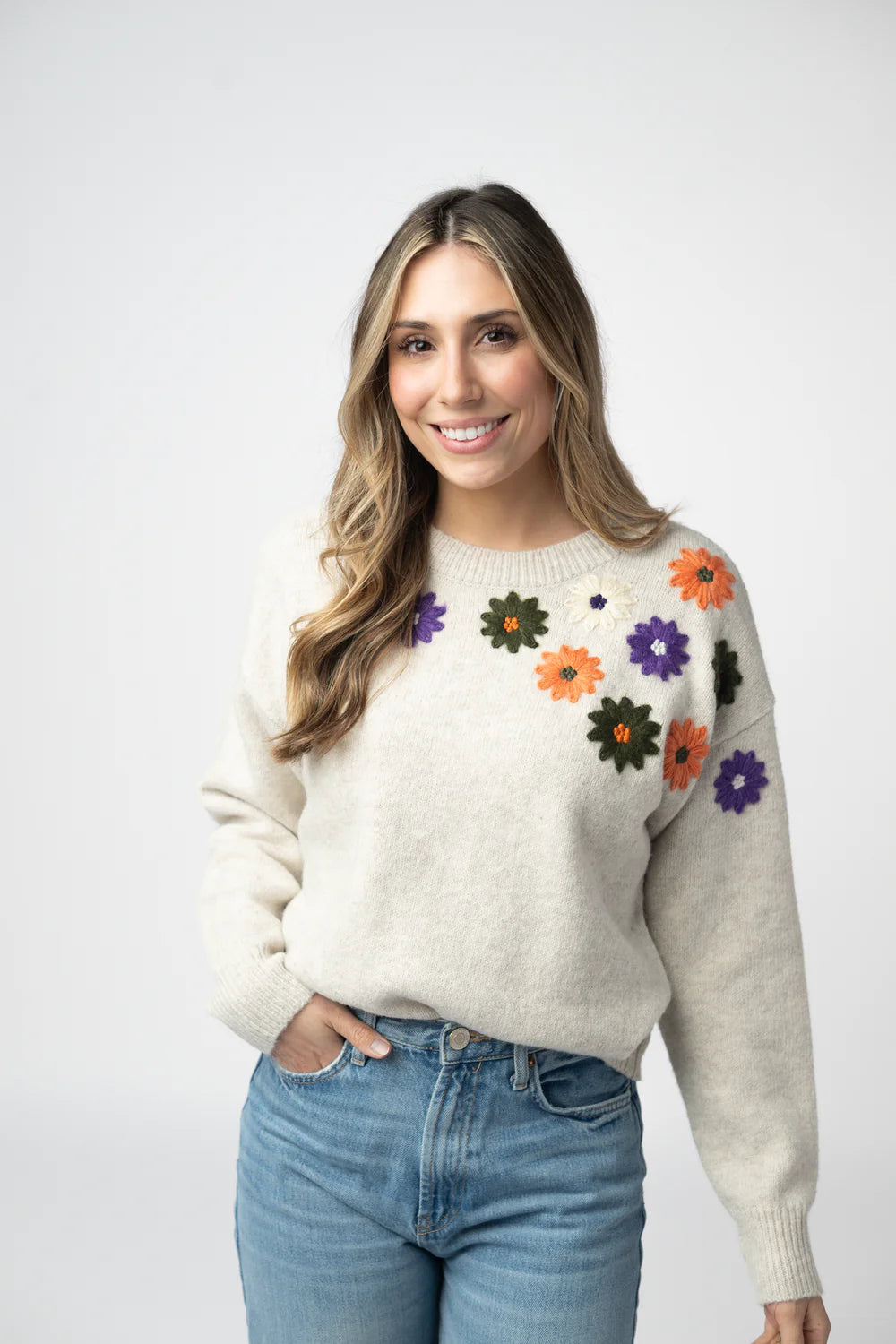 Beige Fall Floral Sweater