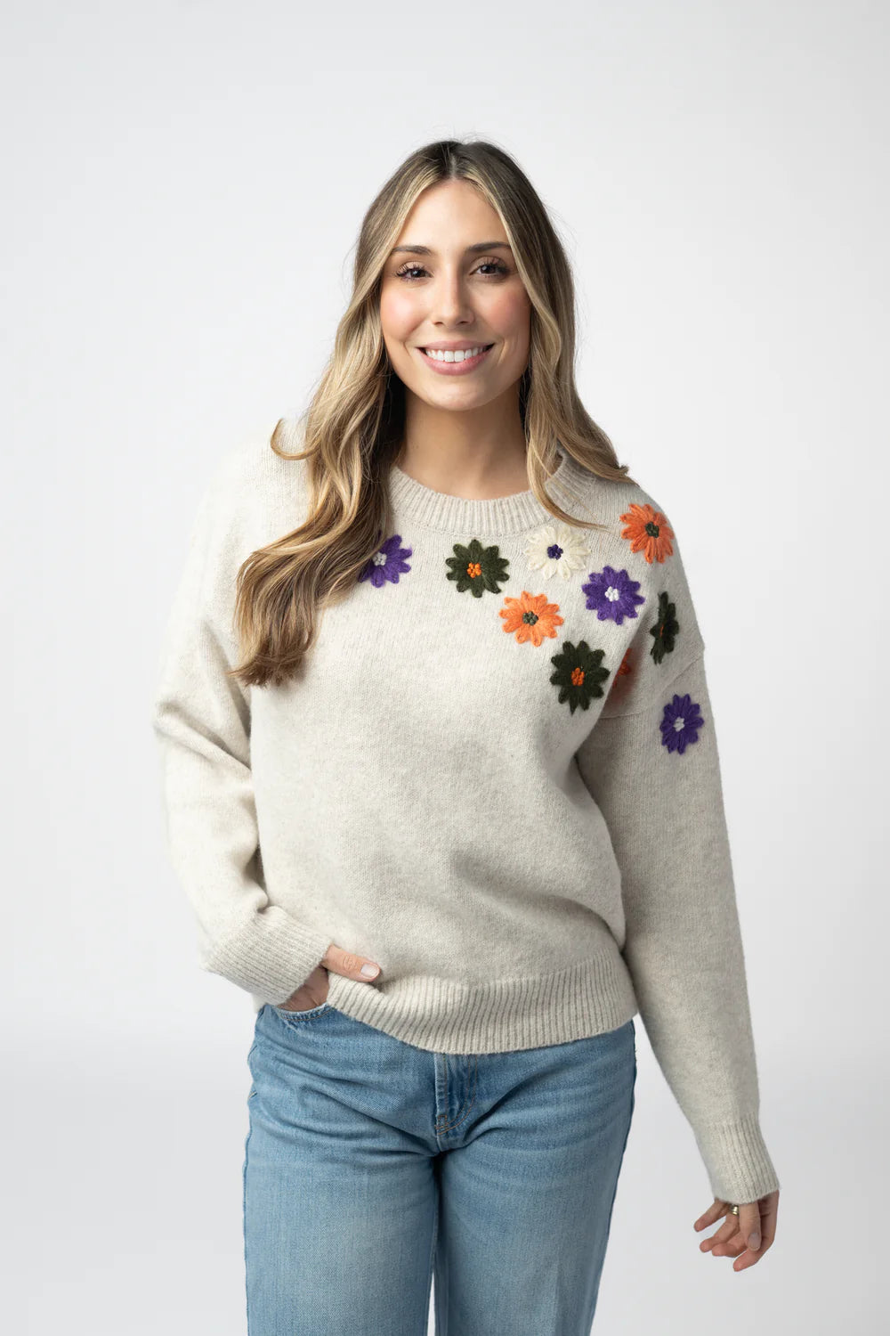 Beige Fall Floral Sweater