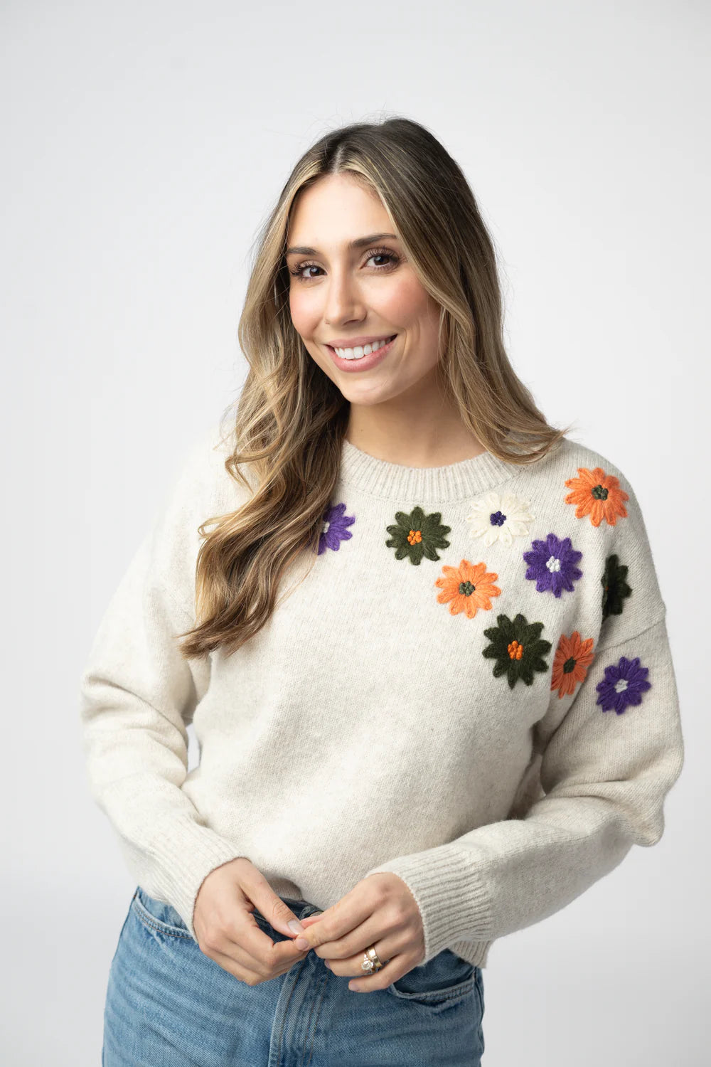 Beige Fall Floral Sweater