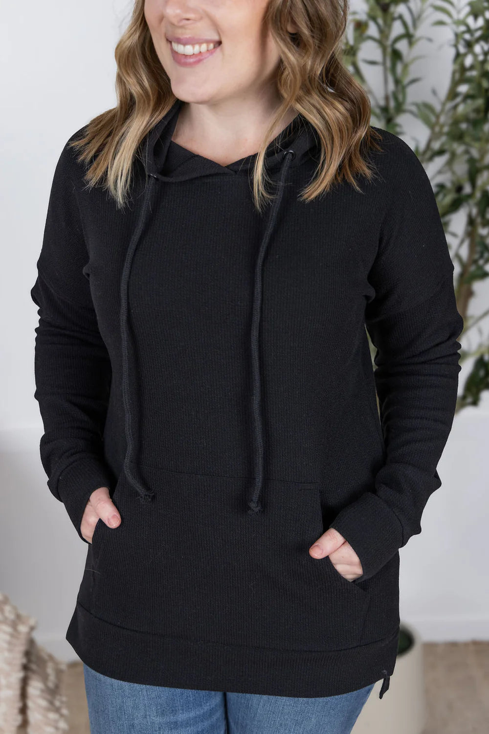 Black Ribbed Long Sleeve Hoodie