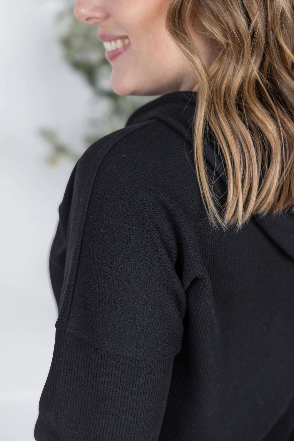 Black Ribbed Long Sleeve Hoodie