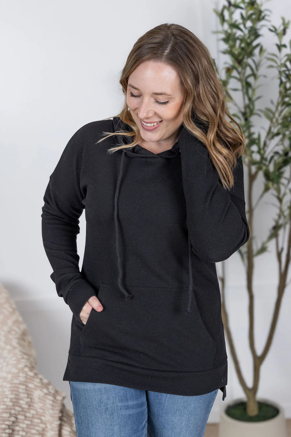 Black Ribbed Long Sleeve Hoodie
