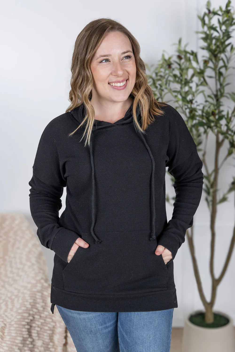 Black Ribbed Long Sleeve Hoodie