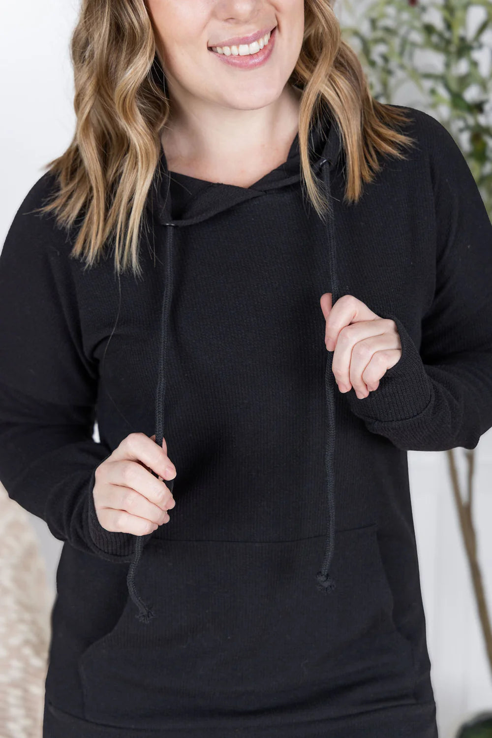 Black Ribbed Long Sleeve Hoodie