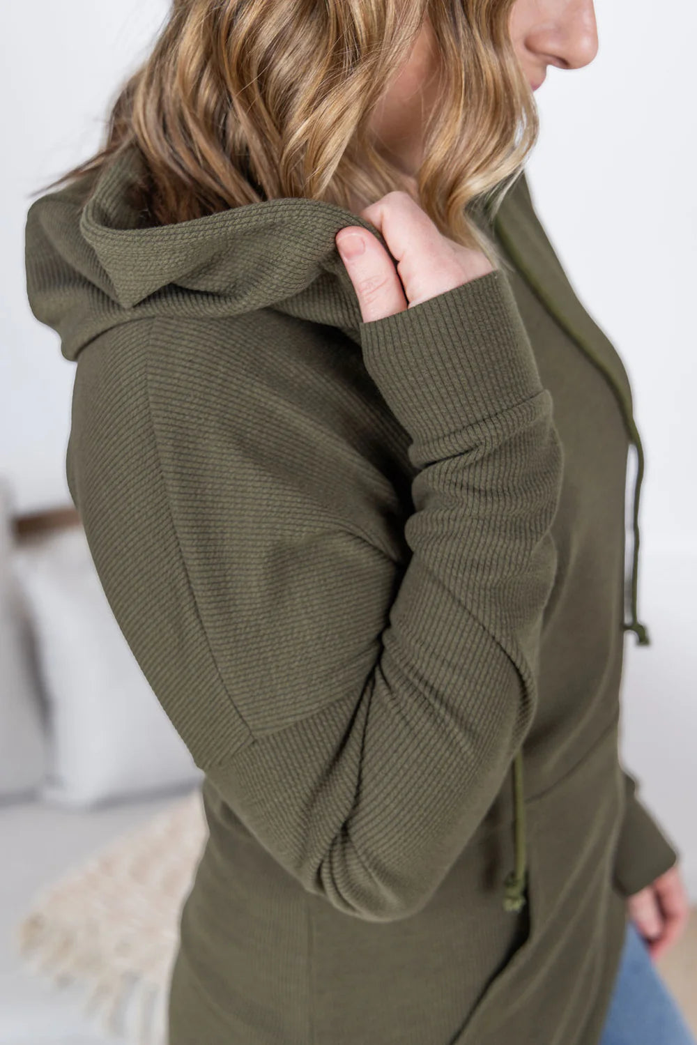 Olive Ribbed Long Sleeve Hoodie