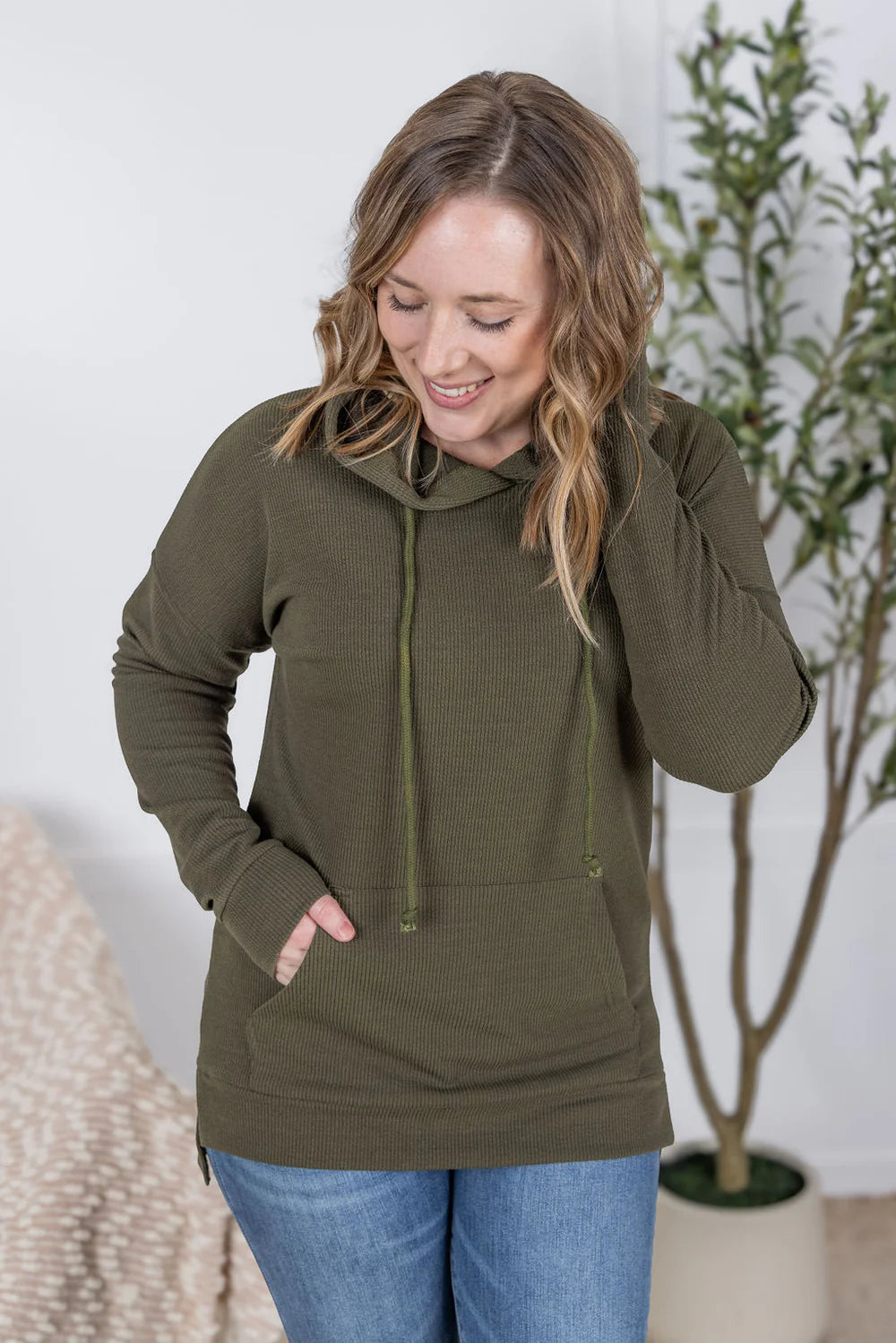 Olive Ribbed Long Sleeve Hoodie