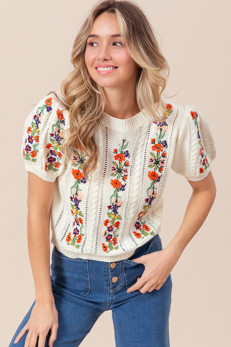 Cream Floral Embroidered Sweater