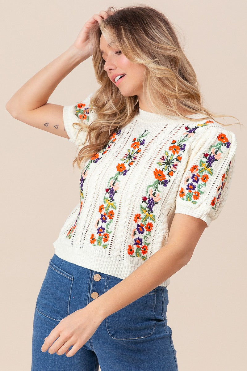 Cream Floral Embroidered Sweater