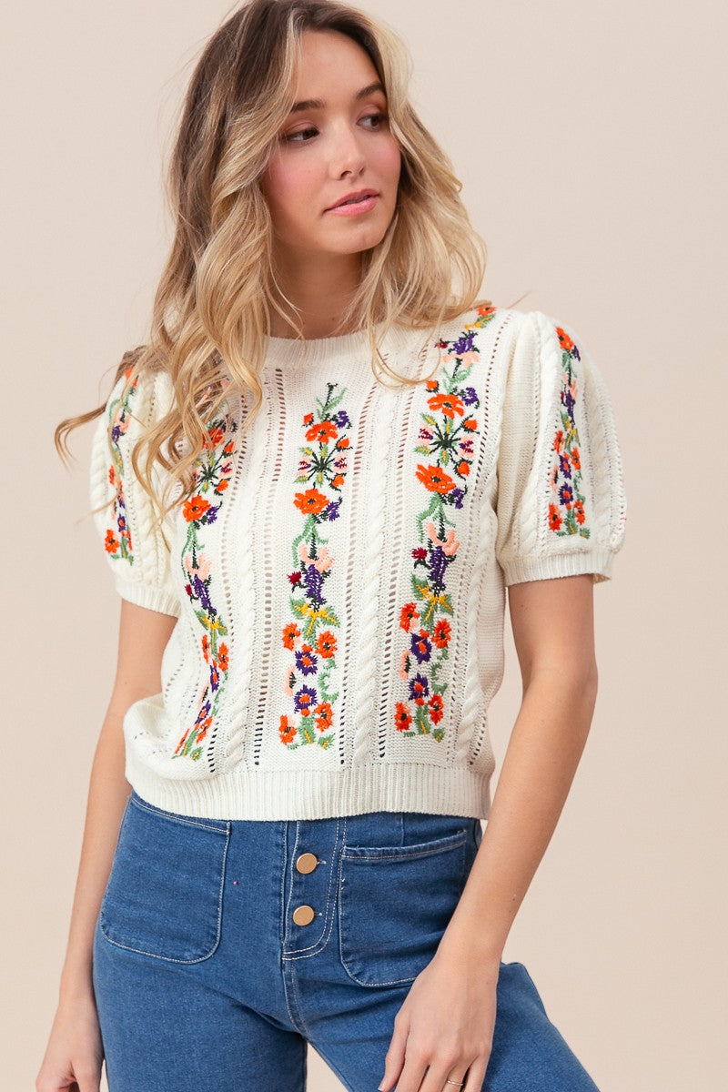 Cream Floral Embroidered Sweater