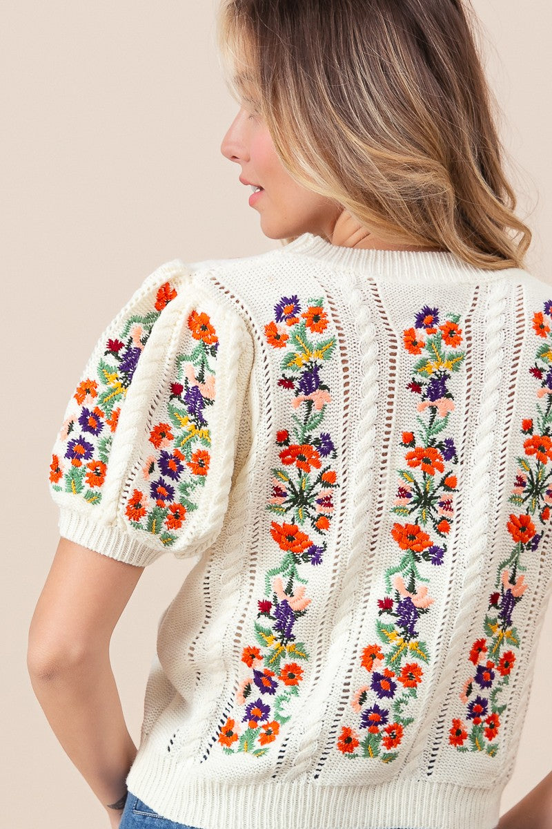 Cream Floral Embroidered Sweater