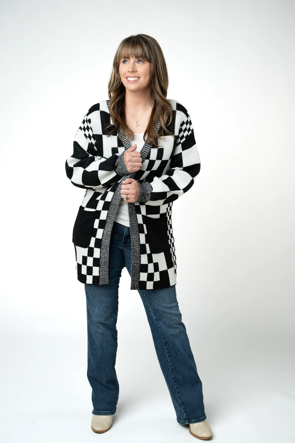 Black and White Checkered Pocket Cardigan
