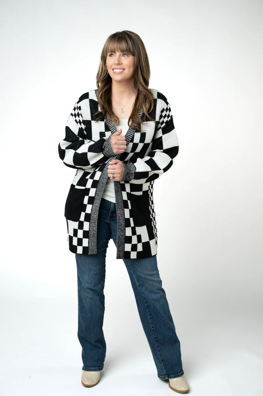 Black and White Checkered Pocket Cardigan