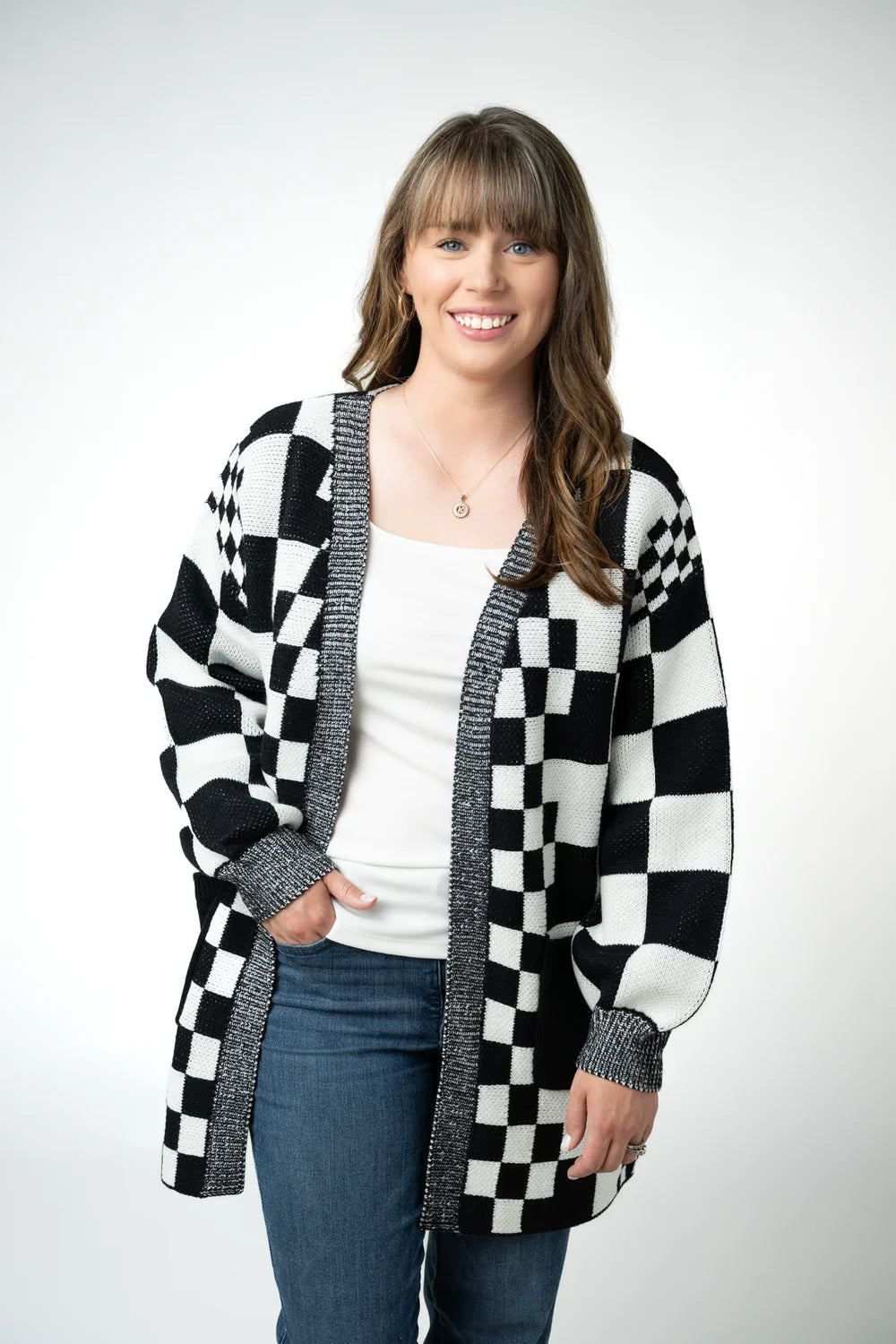 Black and White Checkered Pocket Cardigan