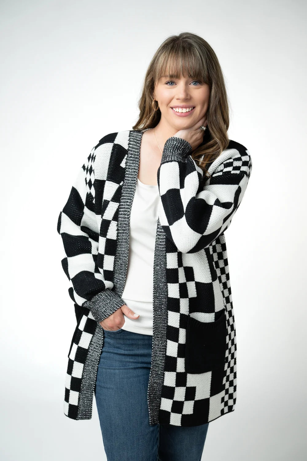 Black and White Checkered Pocket Cardigan