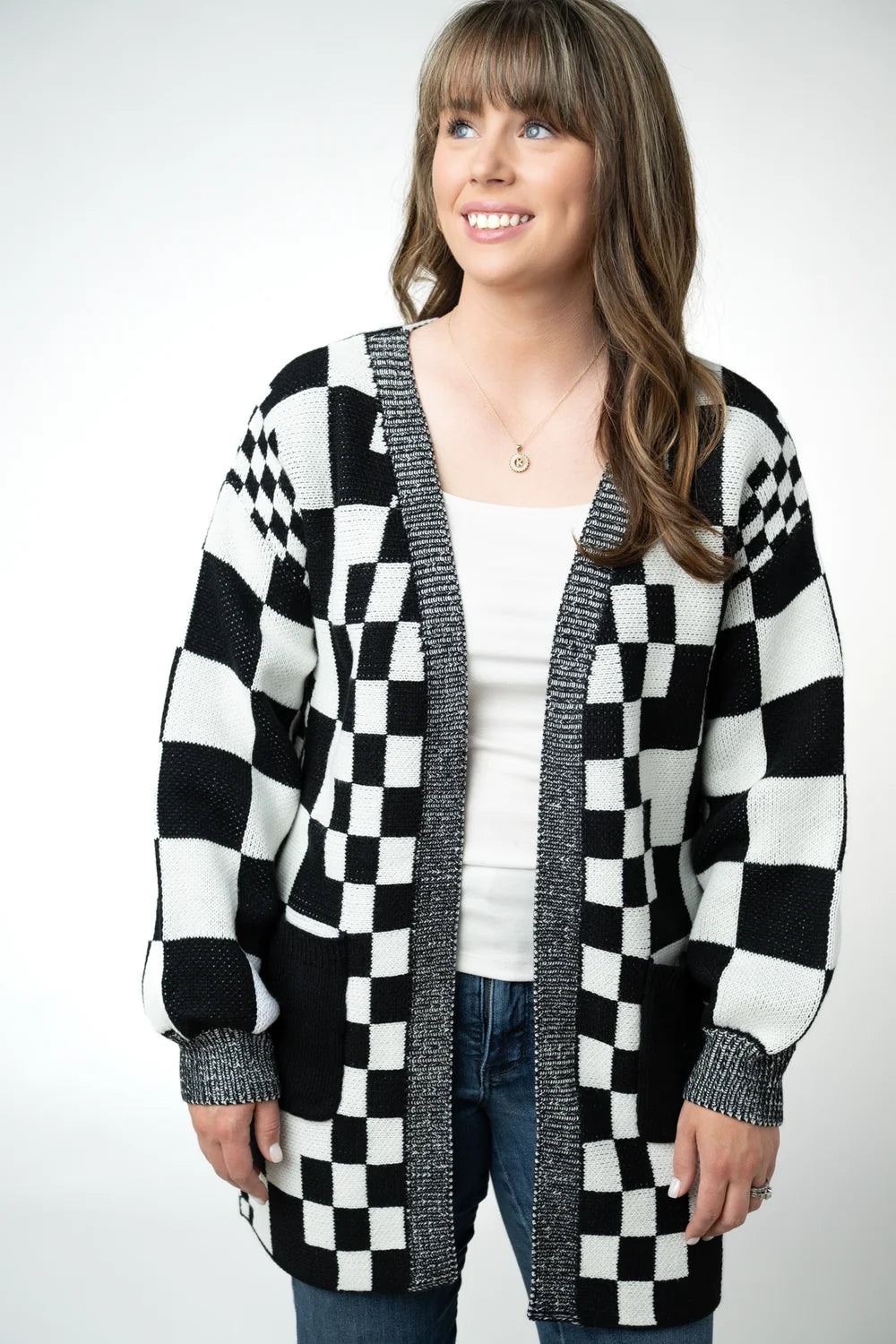Black and White Checkered Pocket Cardigan