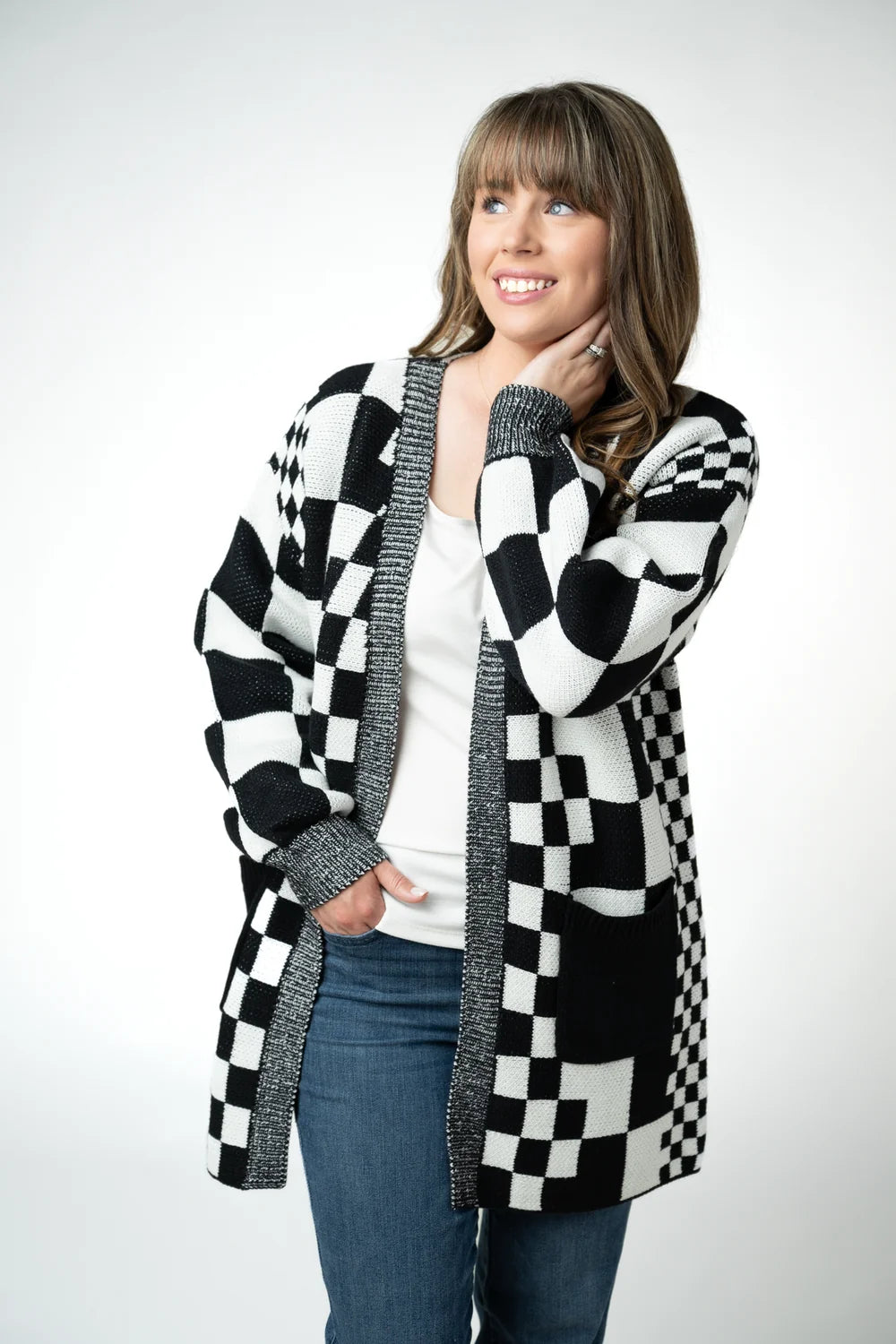 Black and White Checkered Pocket Cardigan