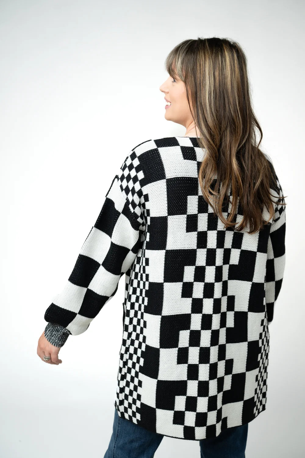 Black and White Checkered Pocket Cardigan