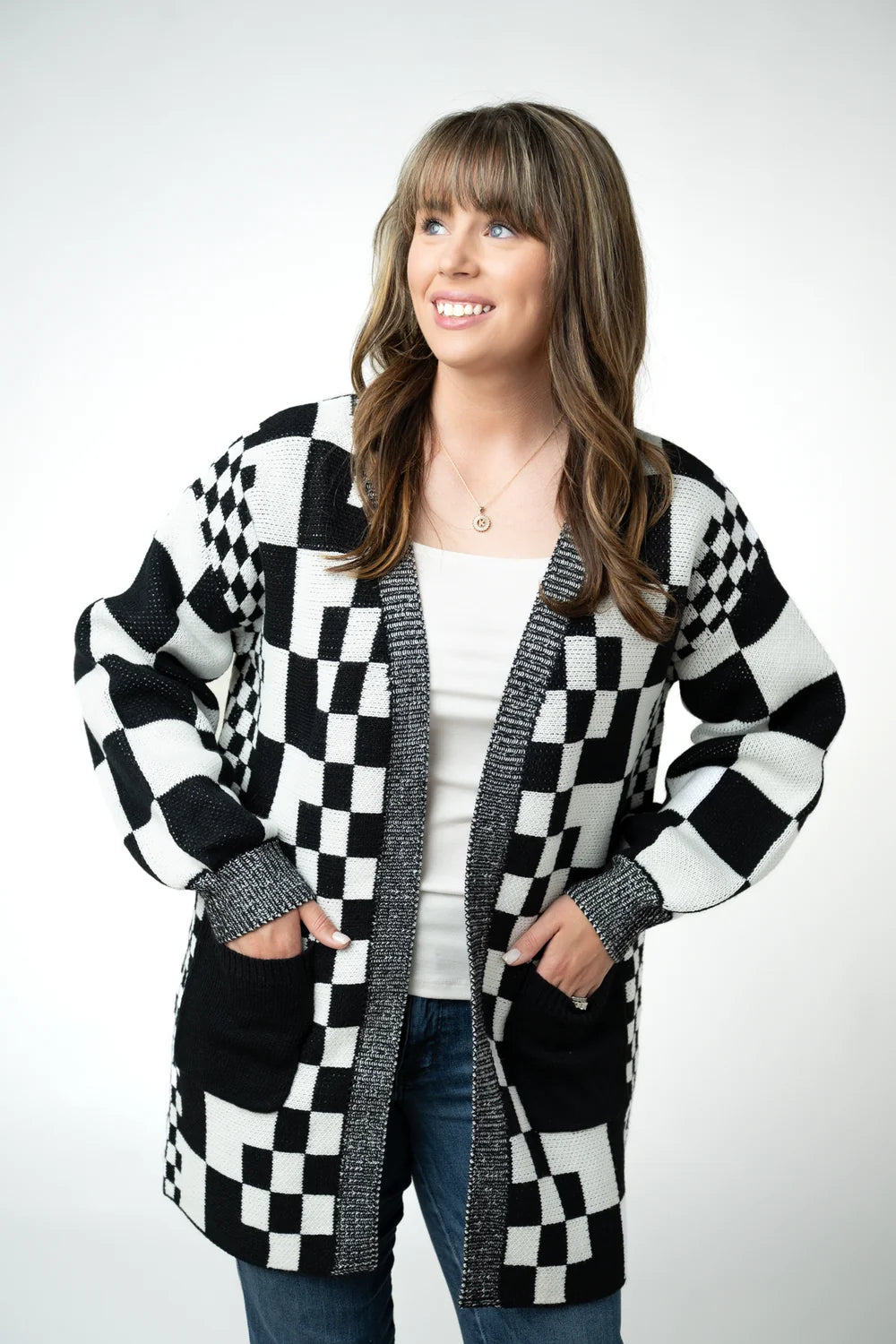 Black and White Checkered Pocket Cardigan