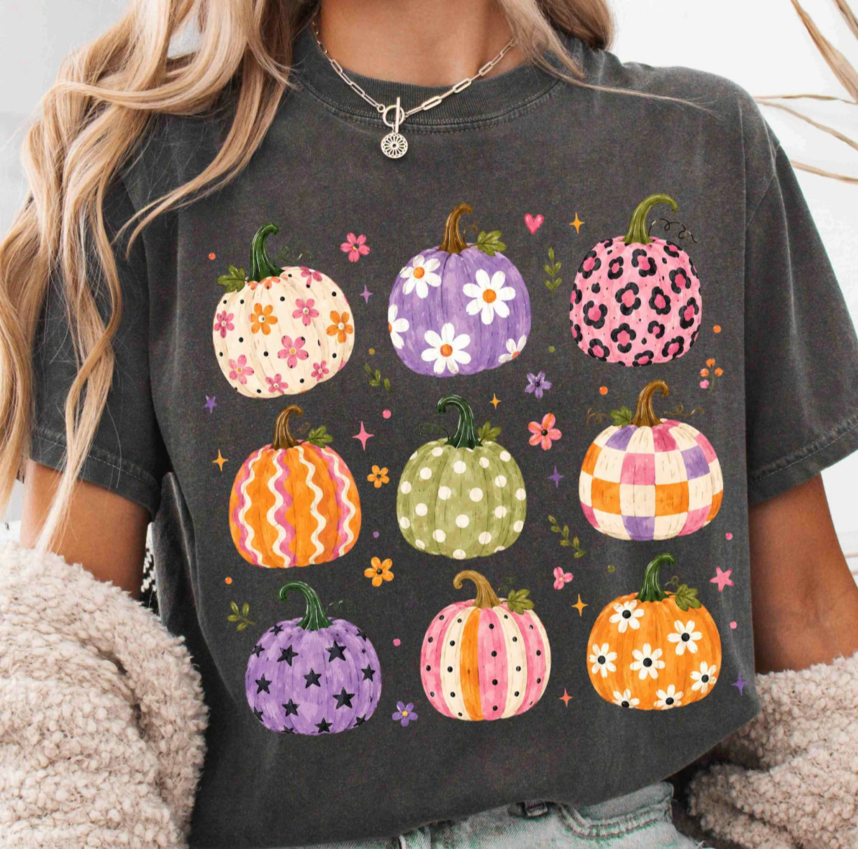 Pepper Mixed Pattern Pumpkins Graphic Tee or Sweatshirt