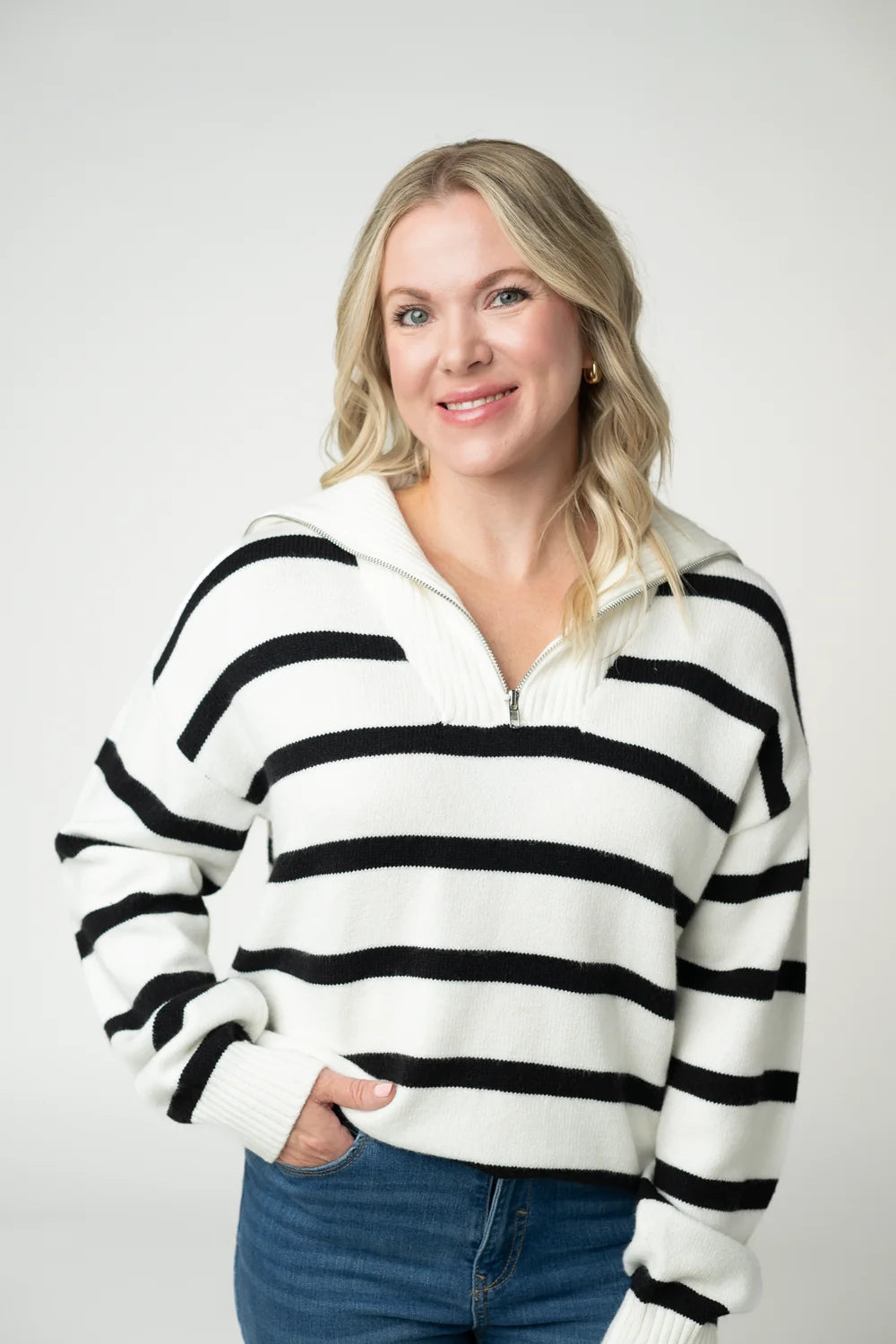 Black and White Stripe Quarter Zip Pullover