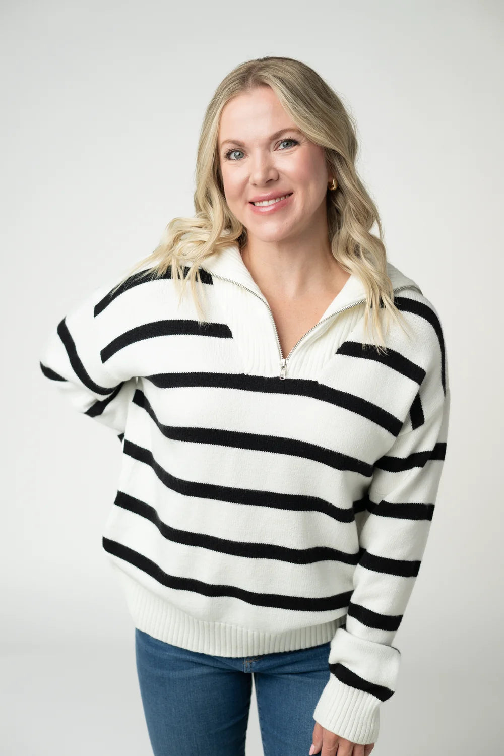 Black and White Stripe Quarter Zip Pullover